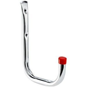 Gancio a muro zincato, 215x150 mm, in tubo d'acciaio con cappuccio in gomma rosso.