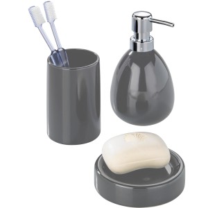 Set bagno Wenko Polaris Grey: dispenser sapone, portaspazzolino e portasapone in ceramica.