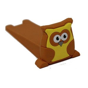 Fermaporta a forma di gufo, marrone e giallo, in gomma.