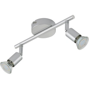 Faretto LED argentato t.b.t. con due luci per montaggio a soffitto.