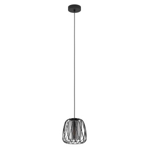 Lampada a sospensione nera t.b.t. con paralume a filo per interni.
