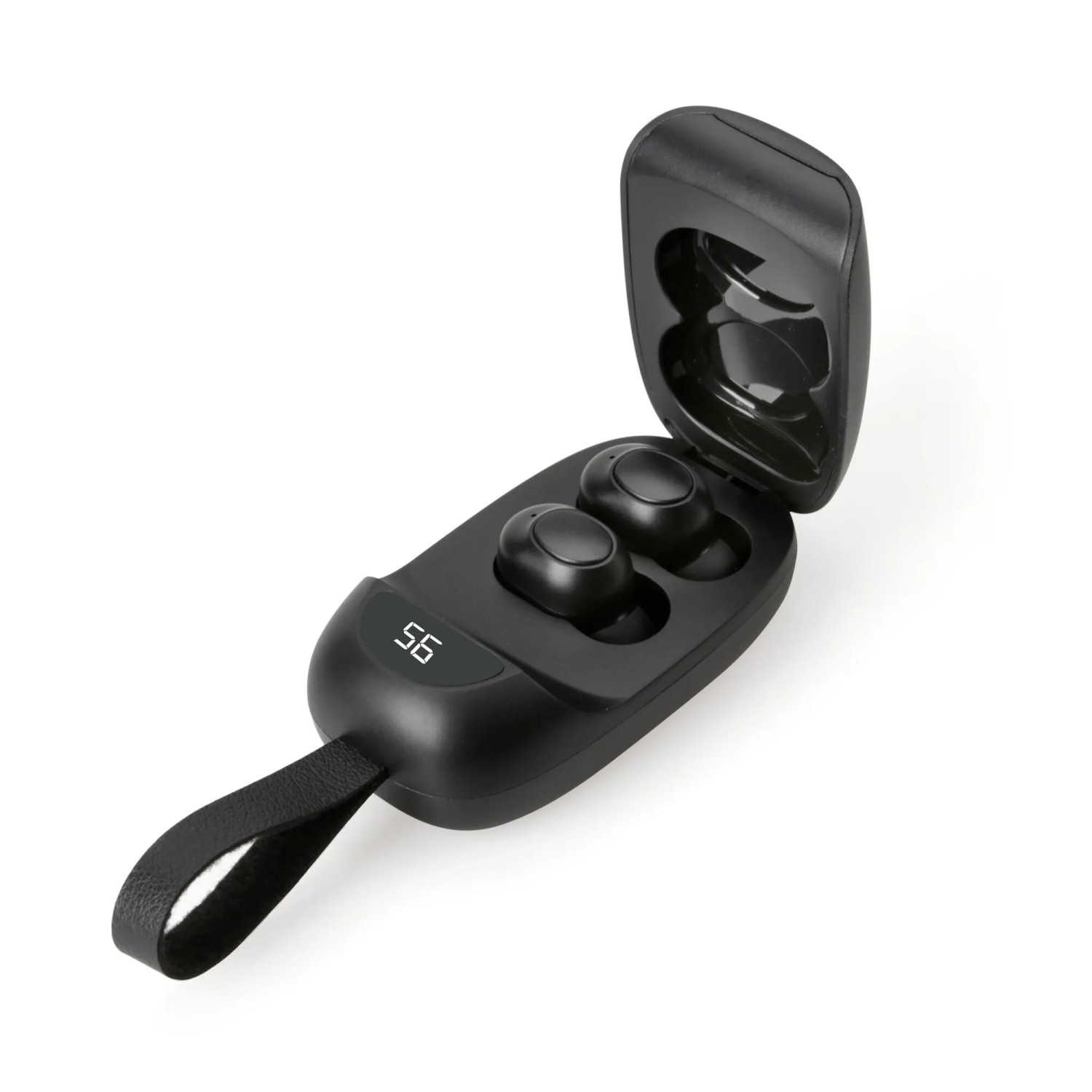 Cuffie Bluetooth t.b.t. nere con custodia di ricarica per interni auto.
