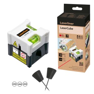 Laserliner LaserCube con accessori, uno strumento di misura per un allineamento preciso.