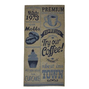Tappetino t.b.t. con motivo di caffetteria: tazza, moka, cupcake. Stuoie decorativo per cucina e sala da pranzo.