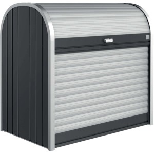 Biohort StoreMax 120 box da giardino in grigio scuro metallizzato con serranda e serratura a cilindro.