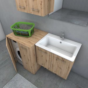 Set di mobili da bagno moderni con lavabo, mobile base e integrazione lavatrice in effetto legno.