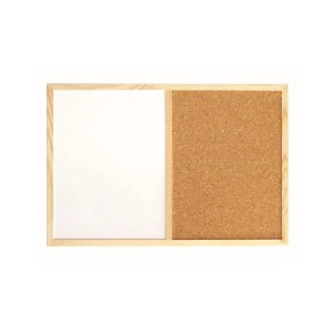 Scaffale t.b.t. con superficie in sughero e lavagna bianca, cornice in legno.