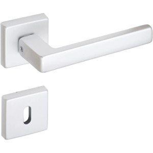 Maniglia per porta quadrata argentata con rosetta per chiave per porte interne.