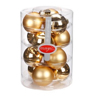 Palline di Natale dorate, set di palline per albero di Natale multiple in un contenitore trasparente.