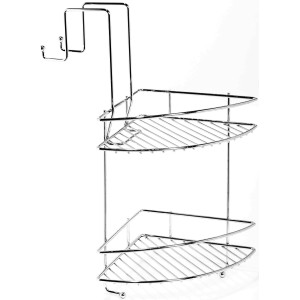 Mensola angolare cromata per doccia con 2 ripiani e ganci.