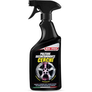 Flacone spray nero di detergente per cerchi per la cura dell'auto.