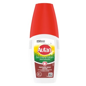 Autan spray antizecche e tafani con tappo rosso.