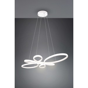 Moderna lampada a sospensione a LED t.b.t. con anelli bianchi curvi come elemento di design.