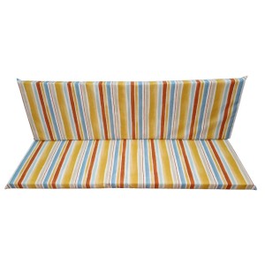 Cuscino per seduta t.b.t. Dondoli con motivo a righe in giallo, blu e arancione.