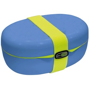 Porta pranzo blu con elastico giallo per campeggio e outdoor.