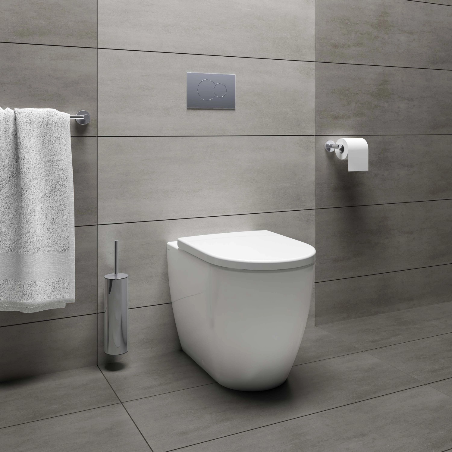 WC sospeso bianco moderno (t.b.t.) su parete grigia piastrellata.