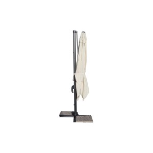 Ombrellone a braccio t.b.t. beige chiuso con supporto e piastre grigie.