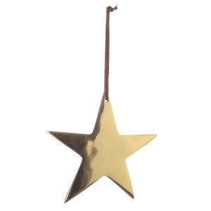 Stella dorata come decorazione natalizia con cordino in pelle marrone per appenderla.