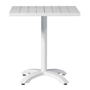 Tavolo da giardino bianco con piano quadrato e base centrale.