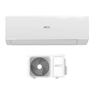 Climatizzatore t.b.t. bianco, composto da unità interna ed esterna.