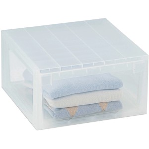 Contenitore/scatola trasparente t.b.t. con coperchio, riempito con tessuti.