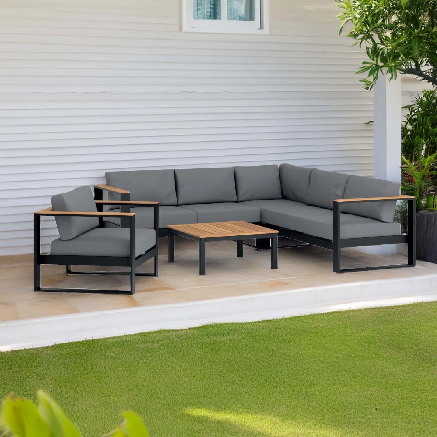 Salotto da giardino Walmsley in legno e alluminio nero-grigio