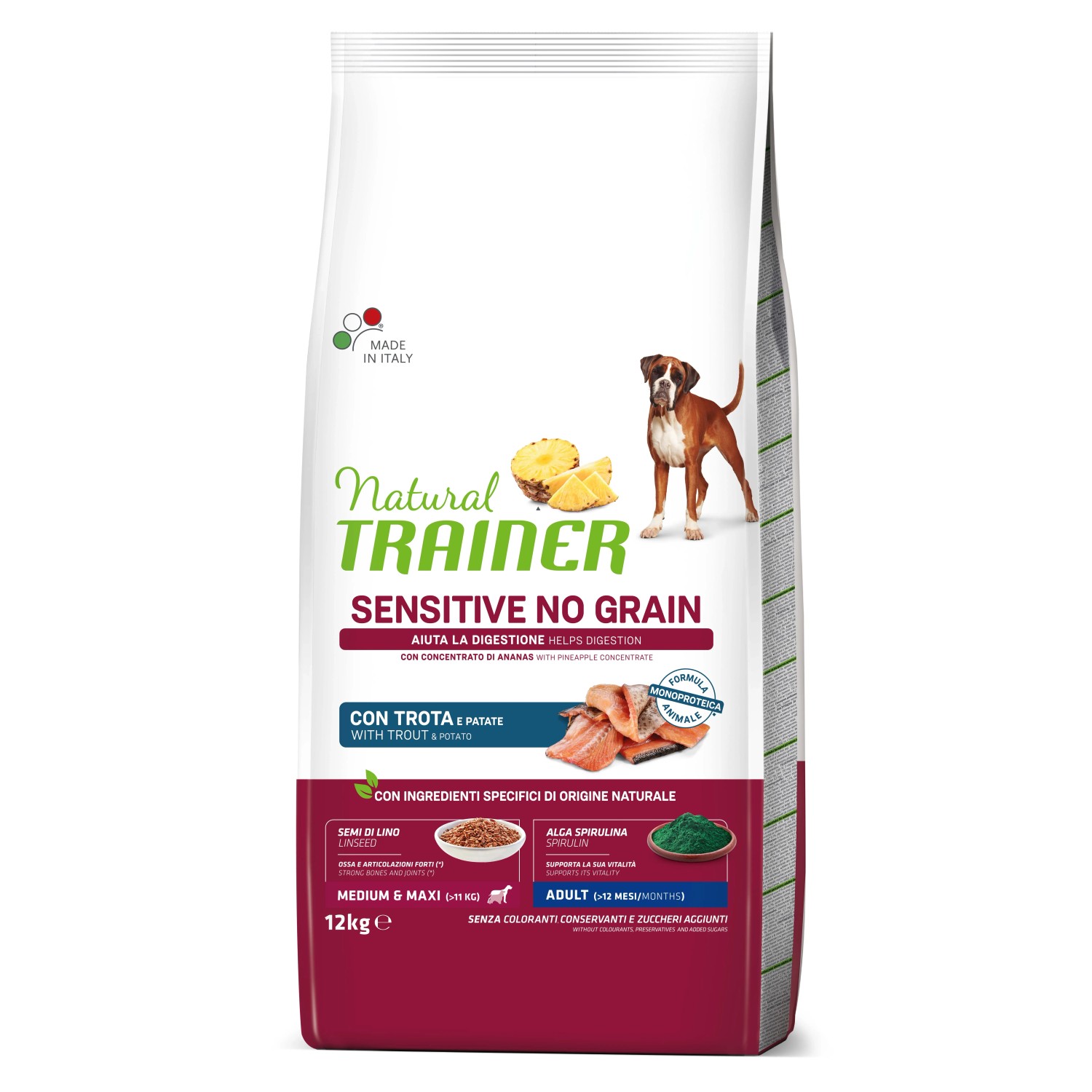 Natural Trainer Sensitive cibo secco per cani, senza cereali, con trota e patate, 12kg.