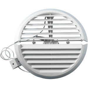 Griglia di ventilazione t.b.t. bianca e rotonda con cordino per la regolazione del flusso d'aria.