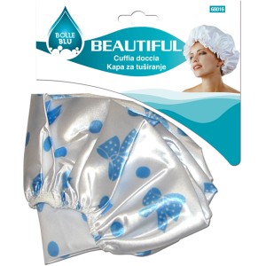 Cuffia da doccia con motivo a fiocco blu, categoria ausili per il bagno.