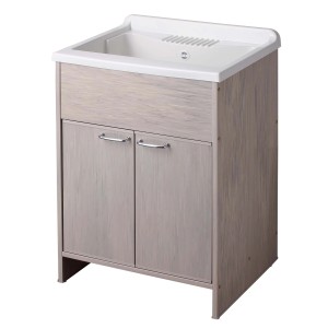 Mobile lavabo con due ante e lavabo bianco.