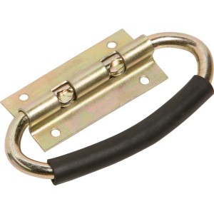 Maniglia per cassa zincata gialla (130x45mm) con impugnatura nera per un trasporto confortevole.