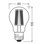 Schizzo di una lampada LED Osram E27 A100, forma a bulbo con dimensioni 10,5 cm x Ø 6 cm.