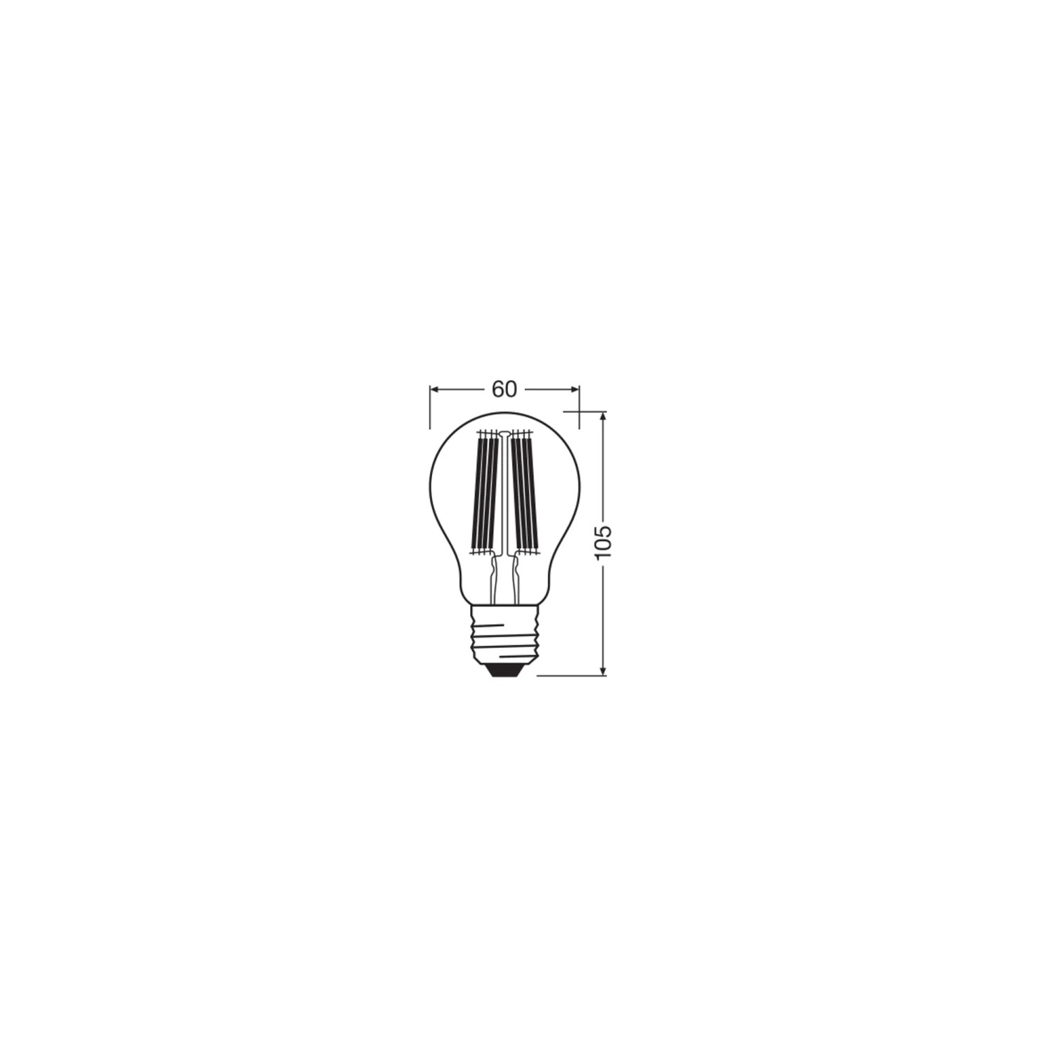 Schizzo di una lampada LED Osram E27 A100, forma a bulbo con dimensioni 10,5 cm x Ø 6 cm.