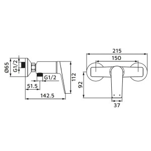 Disegno tecnico del rubinetto doccia t.b.t. con dimensioni.