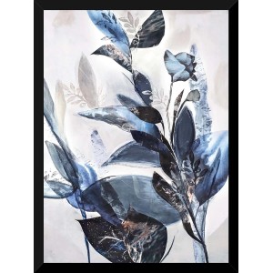 Quadro Quadri con foglie blu-grigio in cornice nera.