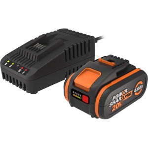 Set Worx Akku Pro 20V 4Ah con caricabatterie. Batteria nero-arancio, caricabatterie nero.