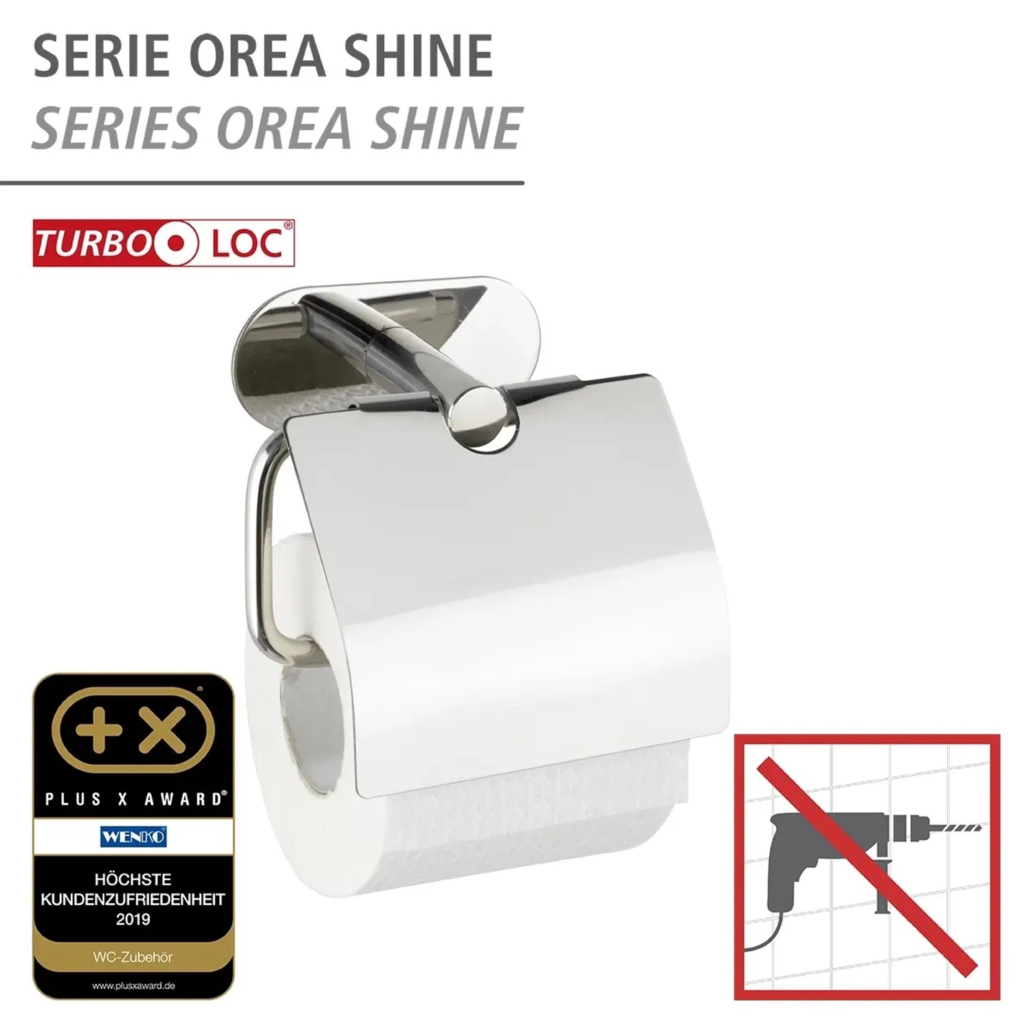 Wenko Porta carta igienica Orea Shine con coperchio, acciaio inox lucido, montaggio Turbo-Loc.