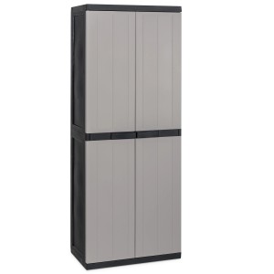 Armadio da giardino in plastica grigia con quattro ante per attrezzi e accessori da giardino.