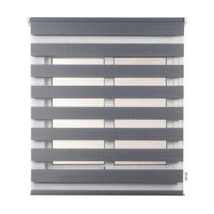 Tenda a rullo t.b.t. grigia con strisce alternate trasparenti e opache.