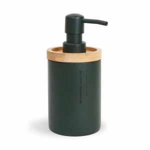 Dispenser sapone verde scuro con coperchio in bambù.