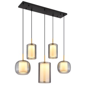 Moderna lampada a sospensione t.b.t. con cinque paralumi in vetro grigio e sospensione nera.