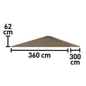 Disegno tecnico del t.b.t. per protezione solare, dimensioni: 62 cm altezza, 360 cm lunghezza, 300 cm larghezza.