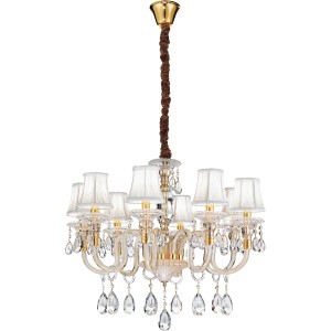 Elegante lampadario t.b.t. con pendenti in cristallo e paralumi in tessuto per un'illuminazione di stile.