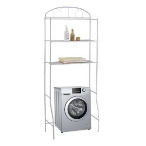 Mobile bagno bianco sopra lavatrice con ripiani per accessori da bagno.