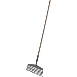 Rastrello per foglie con manico in legno per giardinaggio.