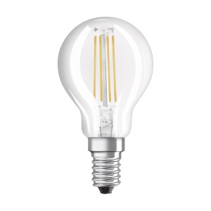 Lampadina LED Osram E14 a goccia, 6,5W, 806lm. Vetro trasparente, luce bianca calda.
