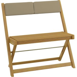 Panca in legno con schienale e cuscini beige. Ideale per giardino e terrazza.