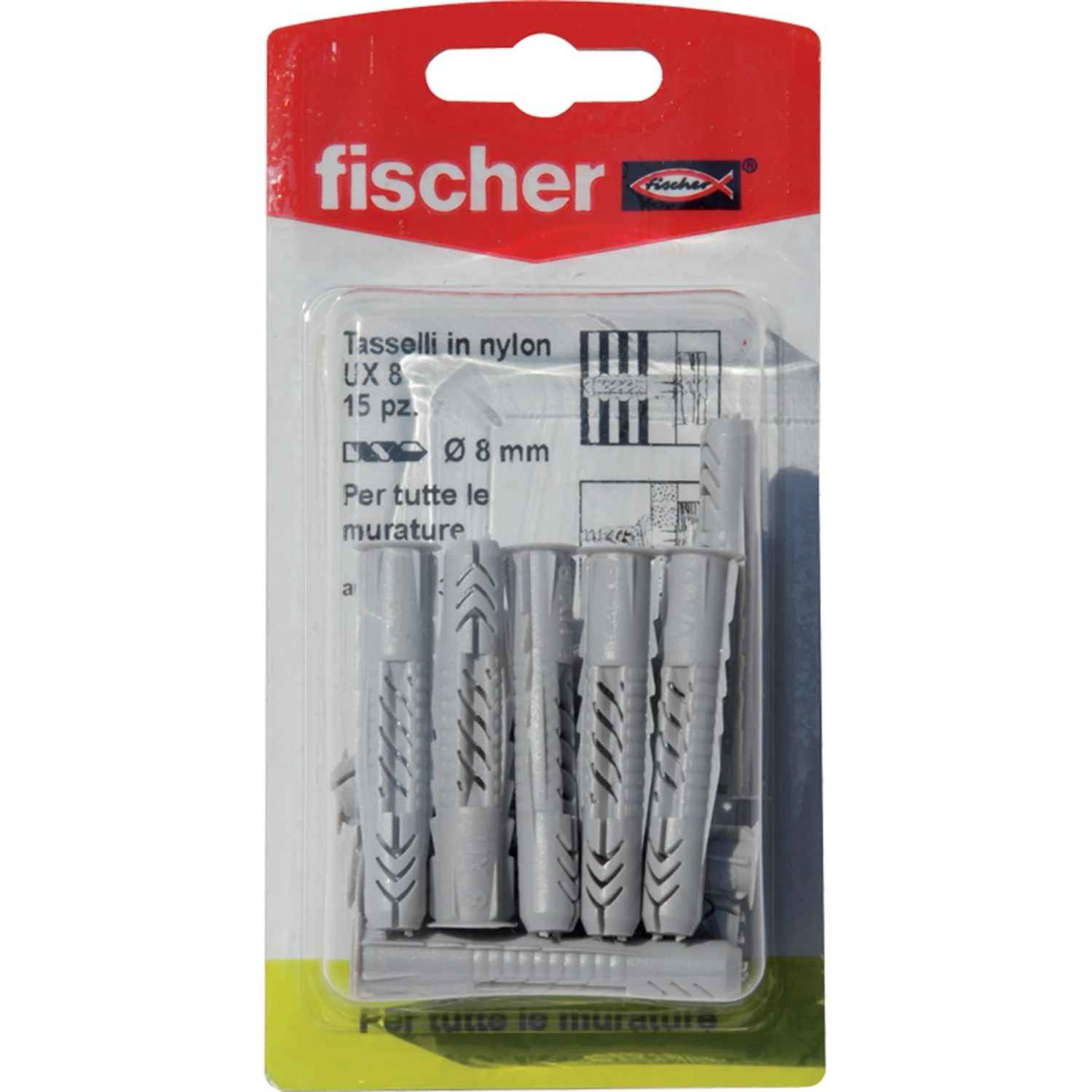 Fischer UX 8 tasselli, confezione da 15 pezzi, adatti a diverse murature.