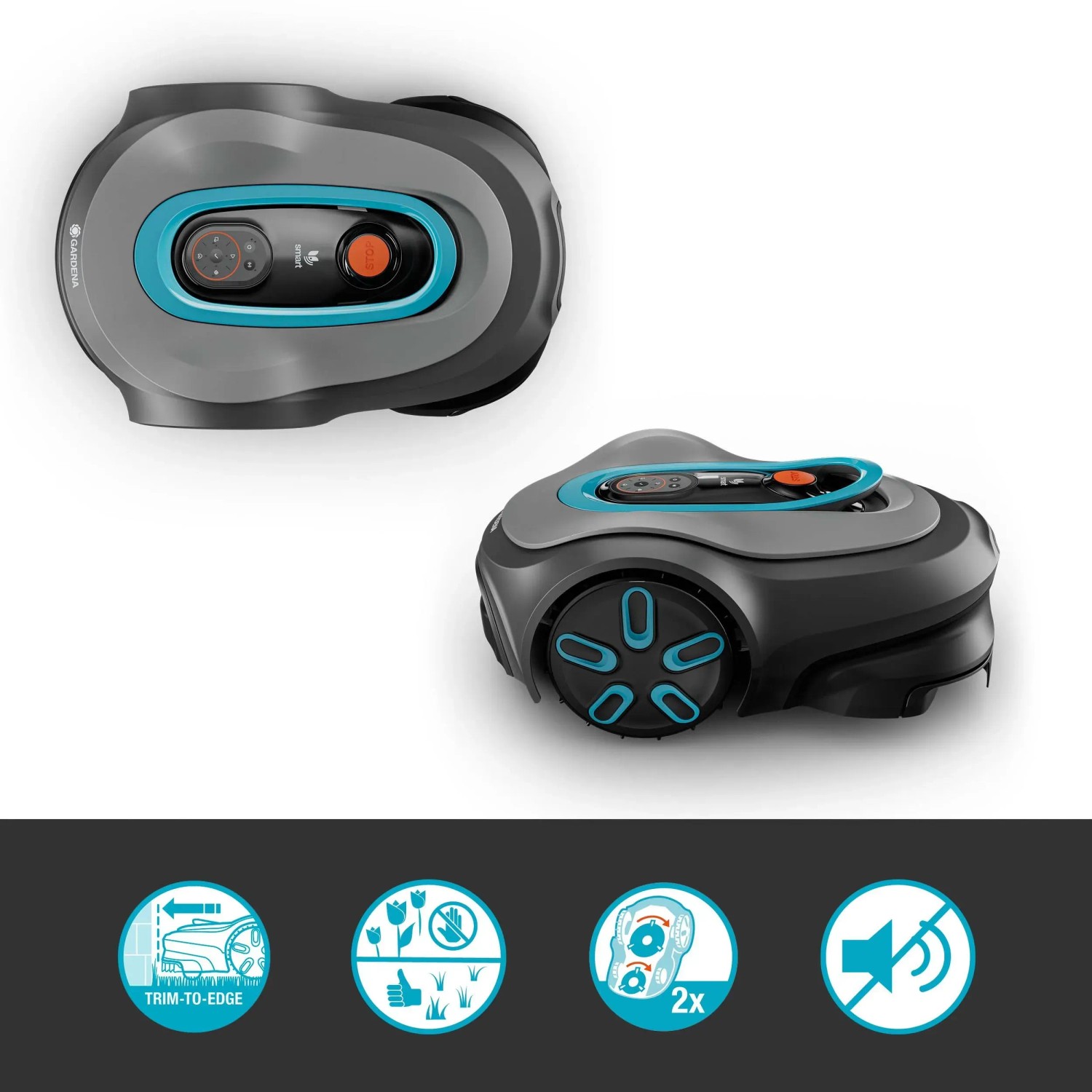 Robot tagliaerba t.b.t. grigio in due viste: dall'alto e laterale.