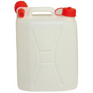 Tanica d'acqua bianca con tappo rosso per campeggio e outdoor.